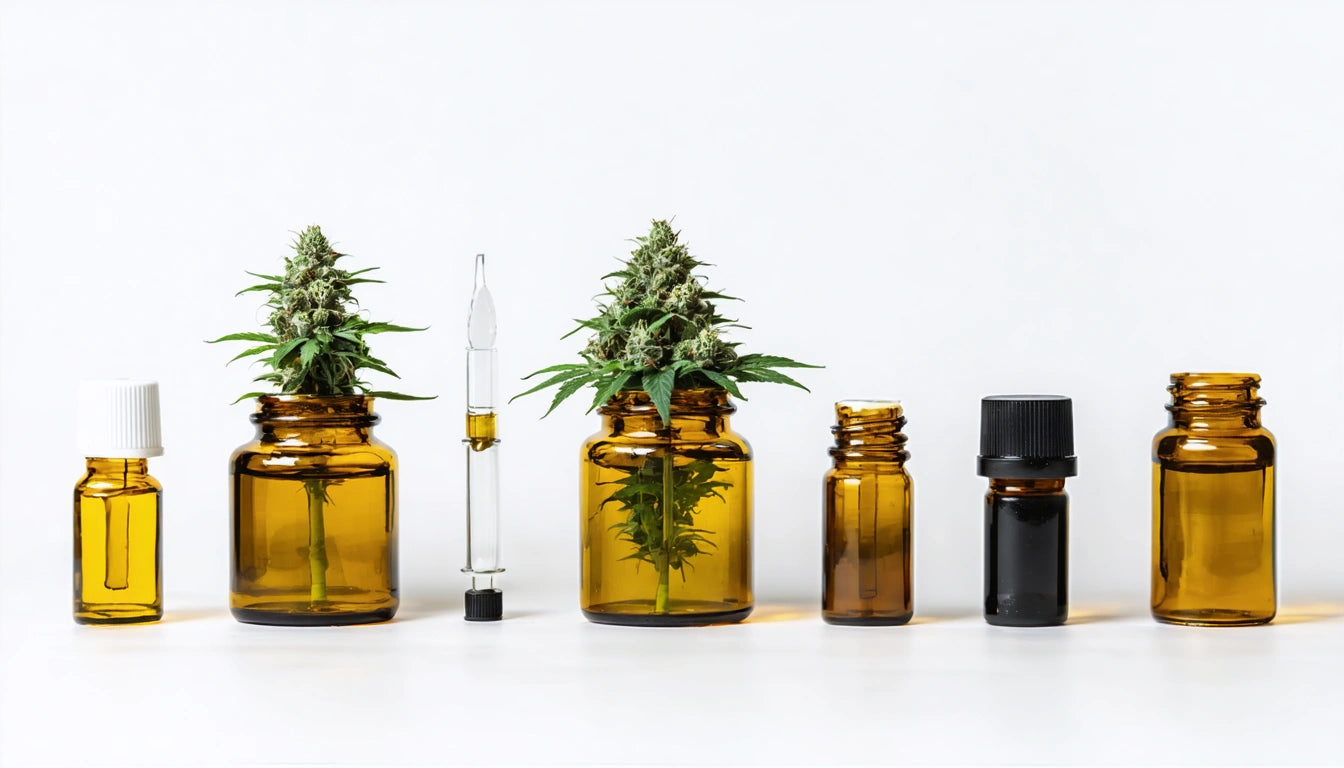 Amber glass bottles of varying sizes, some with cannabis buds, a dropper, and white background