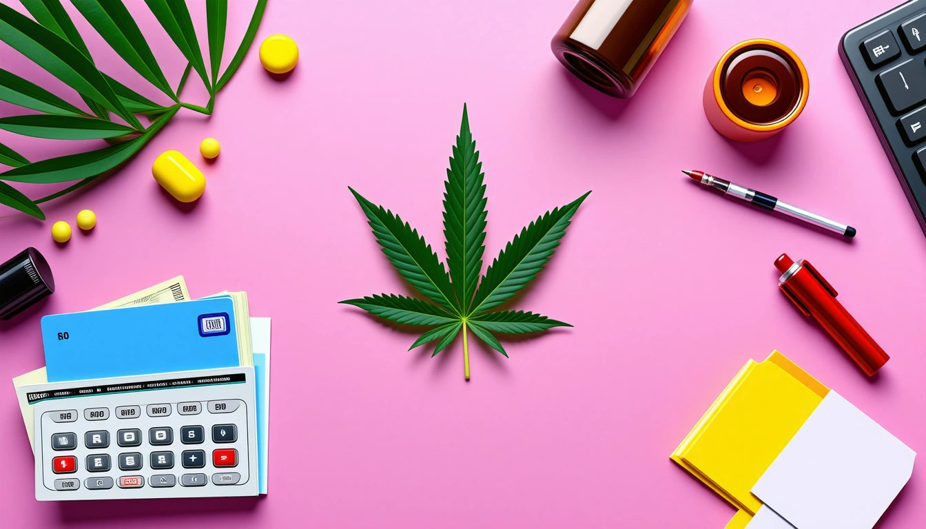 Green leaf centered on pink surface, surrounded by calculator, pills, bottle, pen, and notebooks