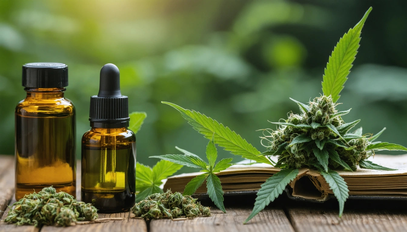 Two amber dropper bottles beside cannabis buds and leaves on an open book, with a blurred green background