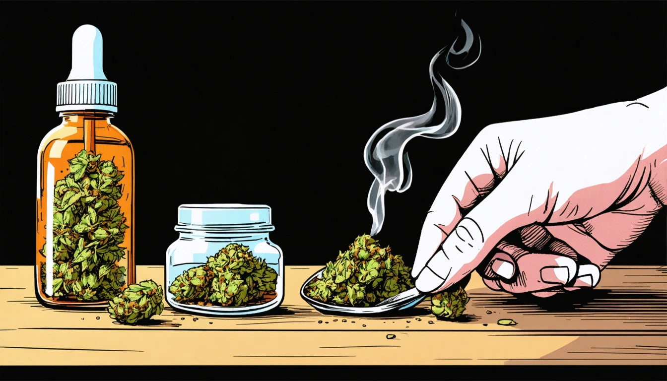 Hand holding spoon with green herbs, next to jars of herbs on wooden surface, smoke rising from spoon, dark background