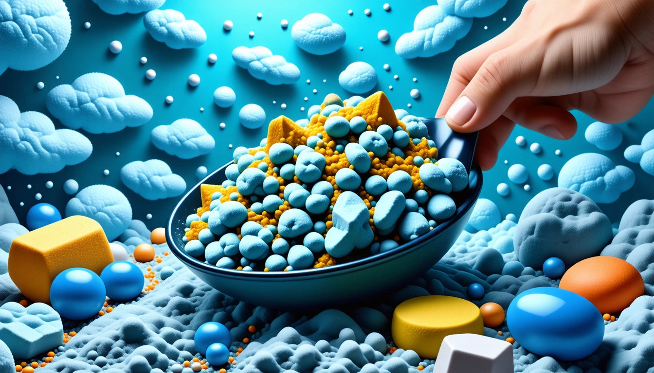 Hand holding a spoon filled with blue and yellow spheres against a background of floating cloud-like shapes and spheres