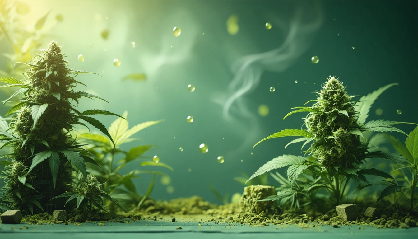 Dense green plants with spiky leaves, floating droplets, and wisps of smoke against a soft green background