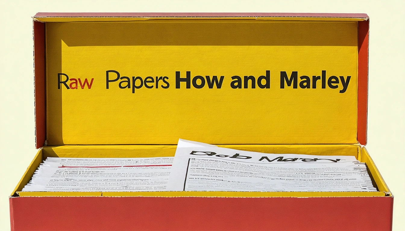 Open red and yellow box with papers inside, text on lid reads "Raw Papers How and Marley