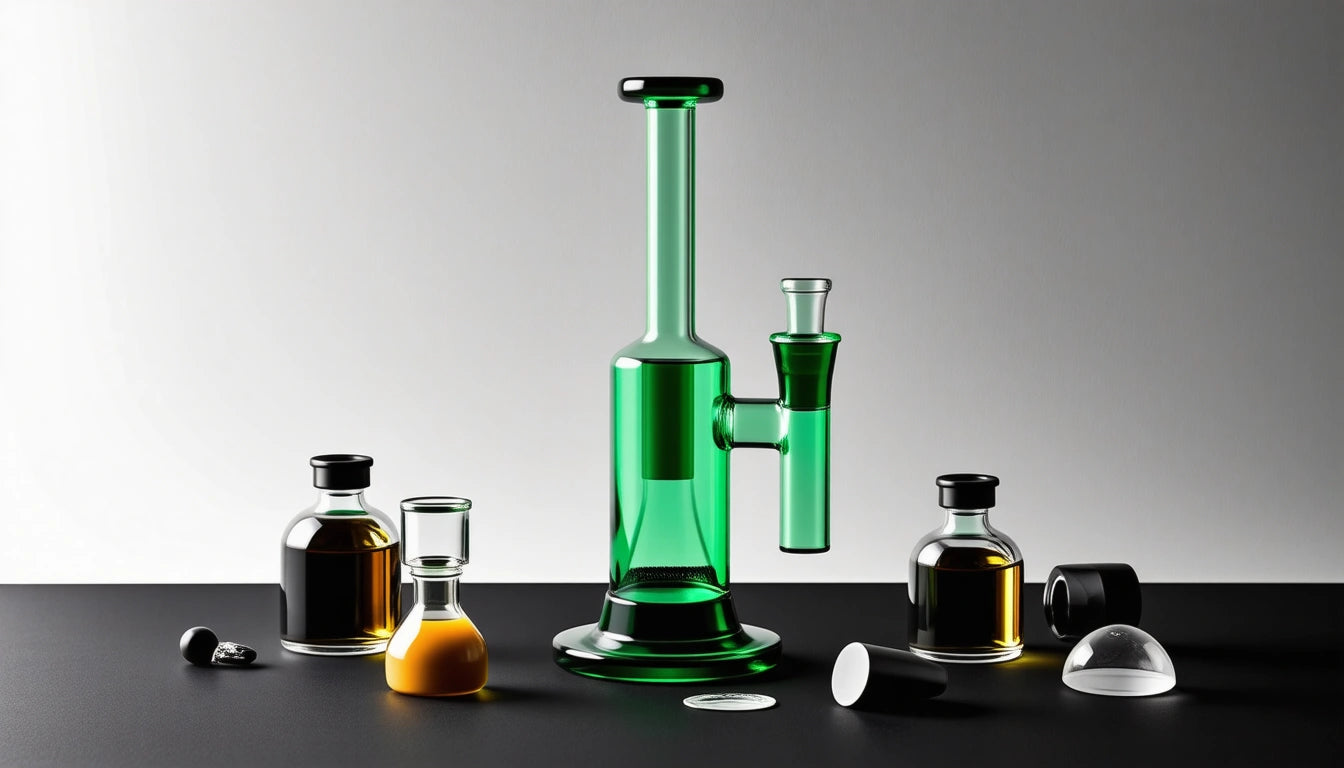 Green glass bottle with tall neck and side spout, surrounded by small bottles with yellow and dark liquid on black surface