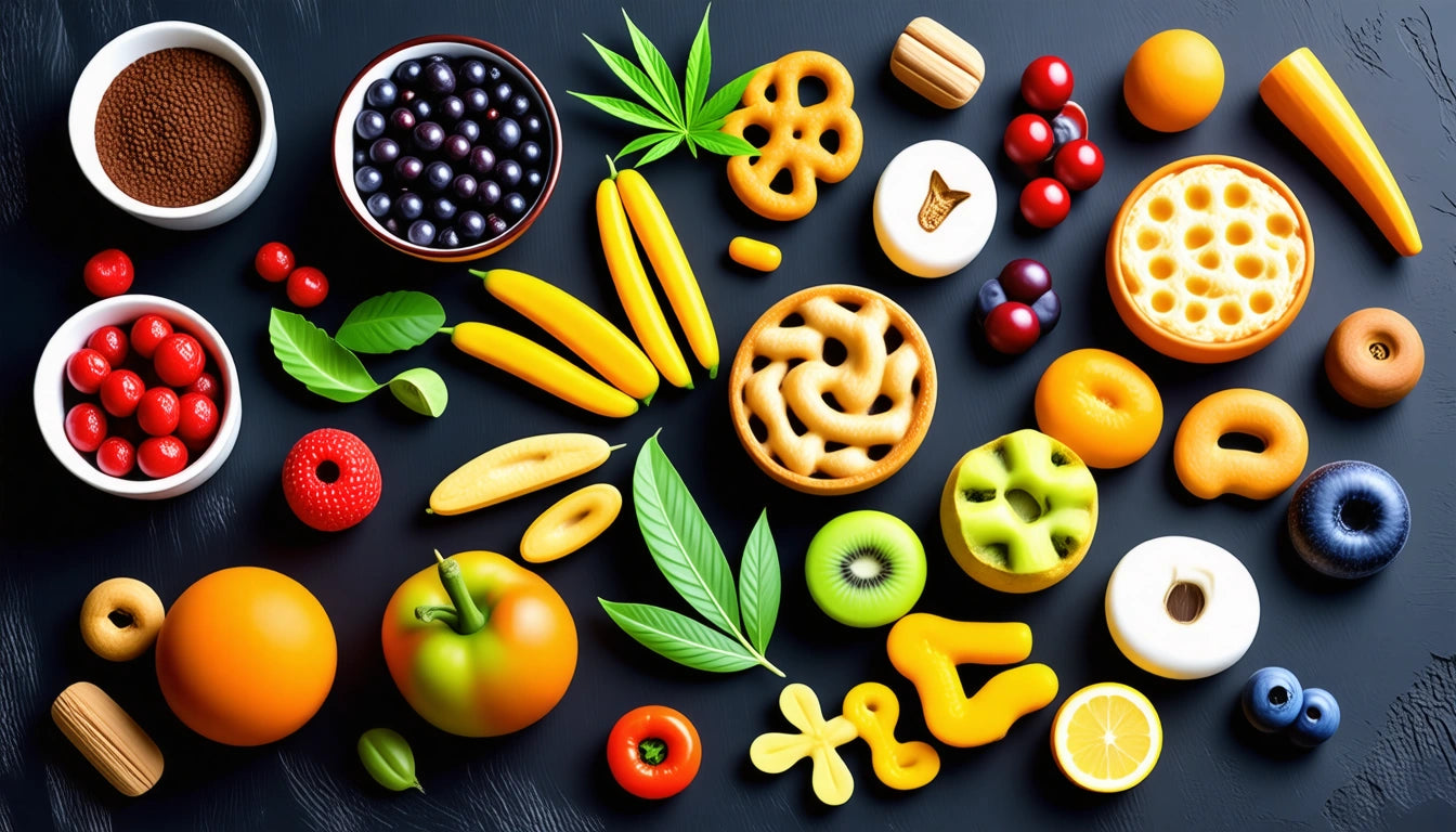Assorted colorful fruits, pastries, and leaves arranged on a dark surface, including berries, citrus slices, and decorative pastries