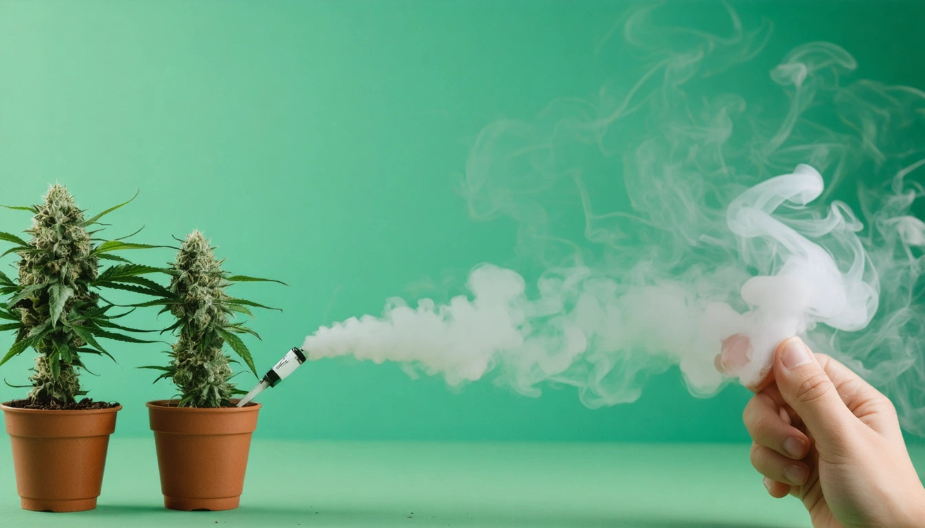 Two potted plants with dense foliage, smoke swirling from a hand holding a smoking device against a green background