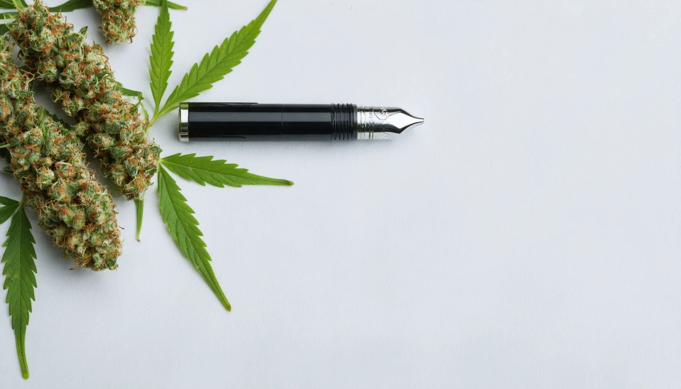 Fountain pen next to cannabis leaves and buds on a white background