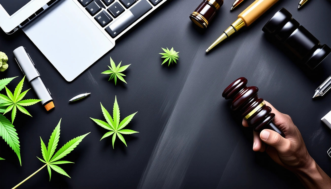 Laptop, gavel, pen, and cannabis leaves on a black surface; hand holding a gavel on the right