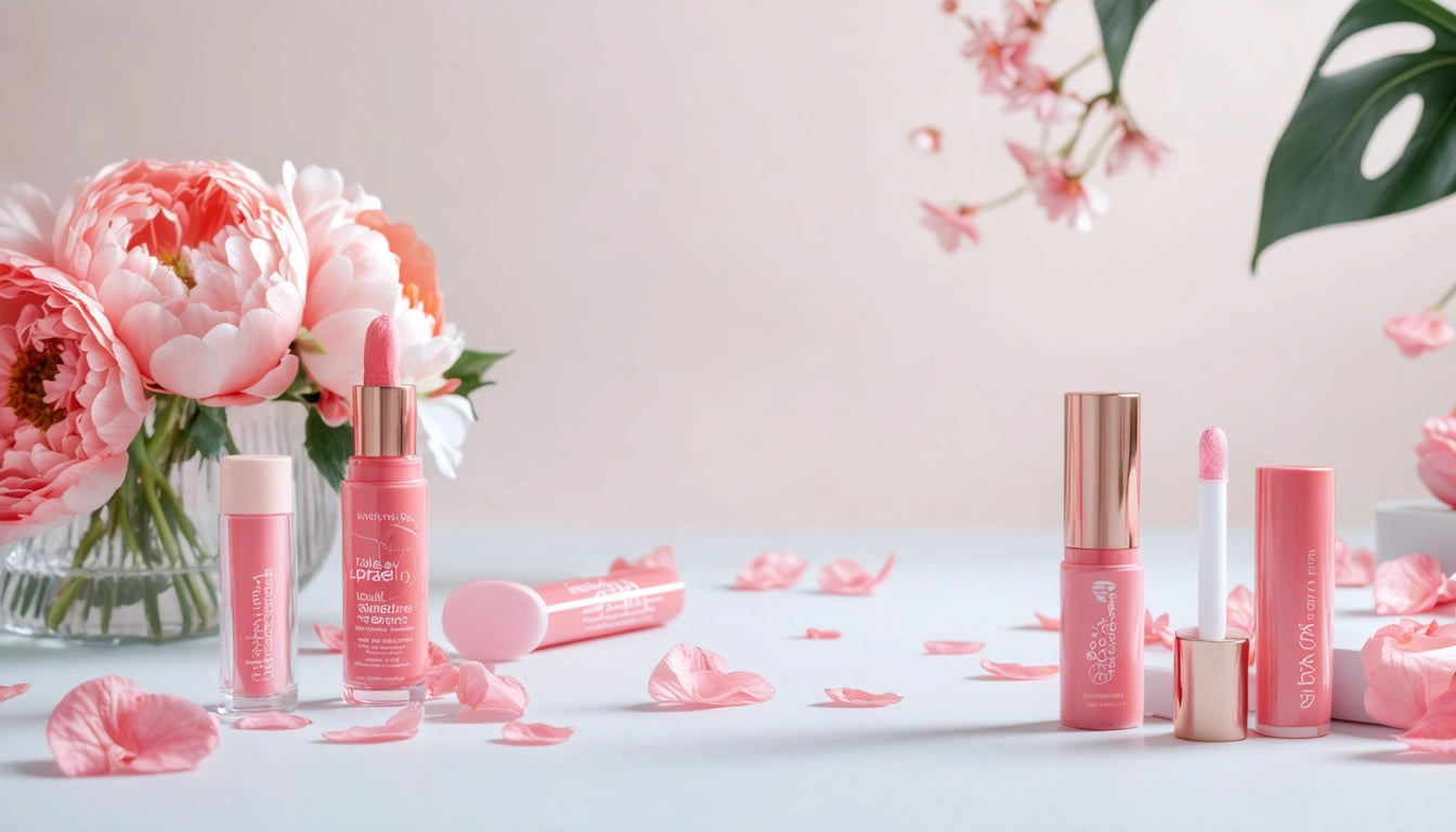 Pink cosmetic bottles and tubes on a surface, surrounded by scattered pink petals, with pink flowers in the background