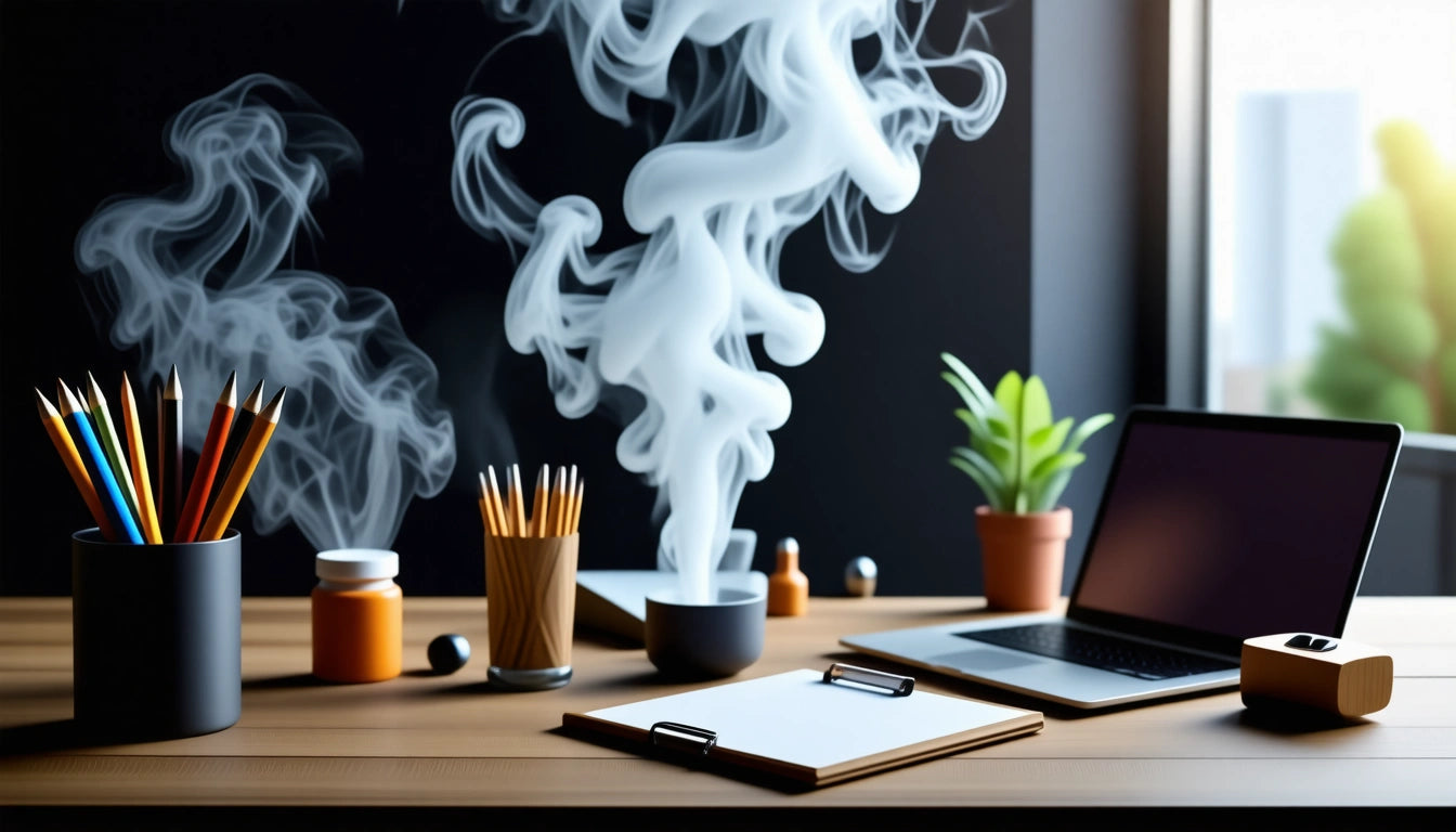 Smoke rising from a cup on a wooden desk with pencils, a laptop, potted plants, and a clipboard