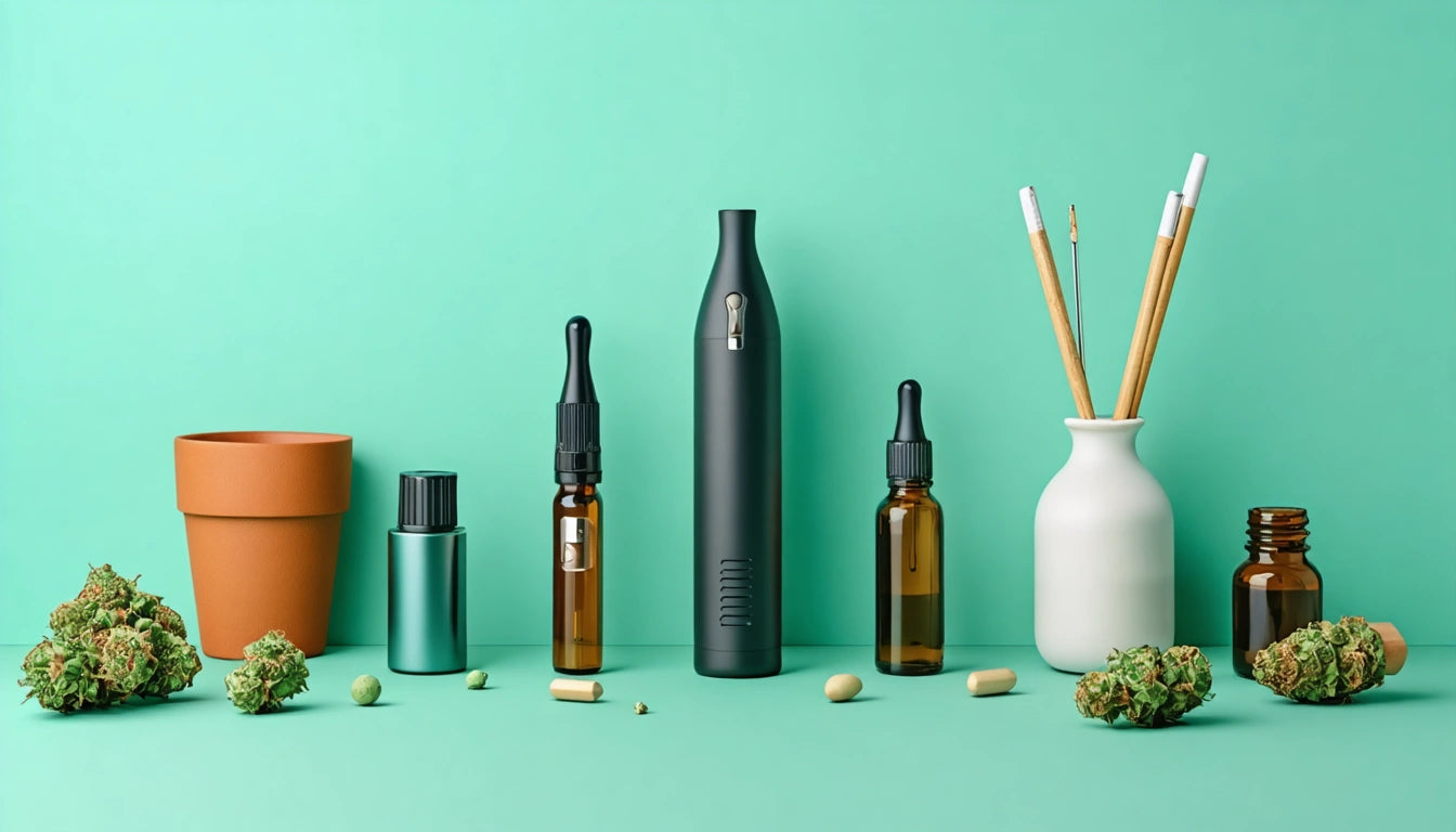 Terracotta pot, green bottle, black device, brown dropper bottles, white vase with sticks, and scattered green buds on teal background