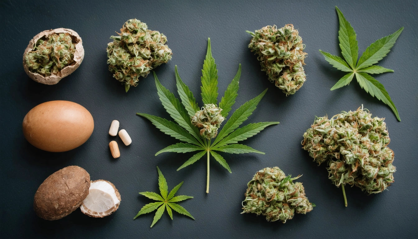 Cannabis buds and leaves arranged on dark surface with eggshell, whole egg, and three capsules