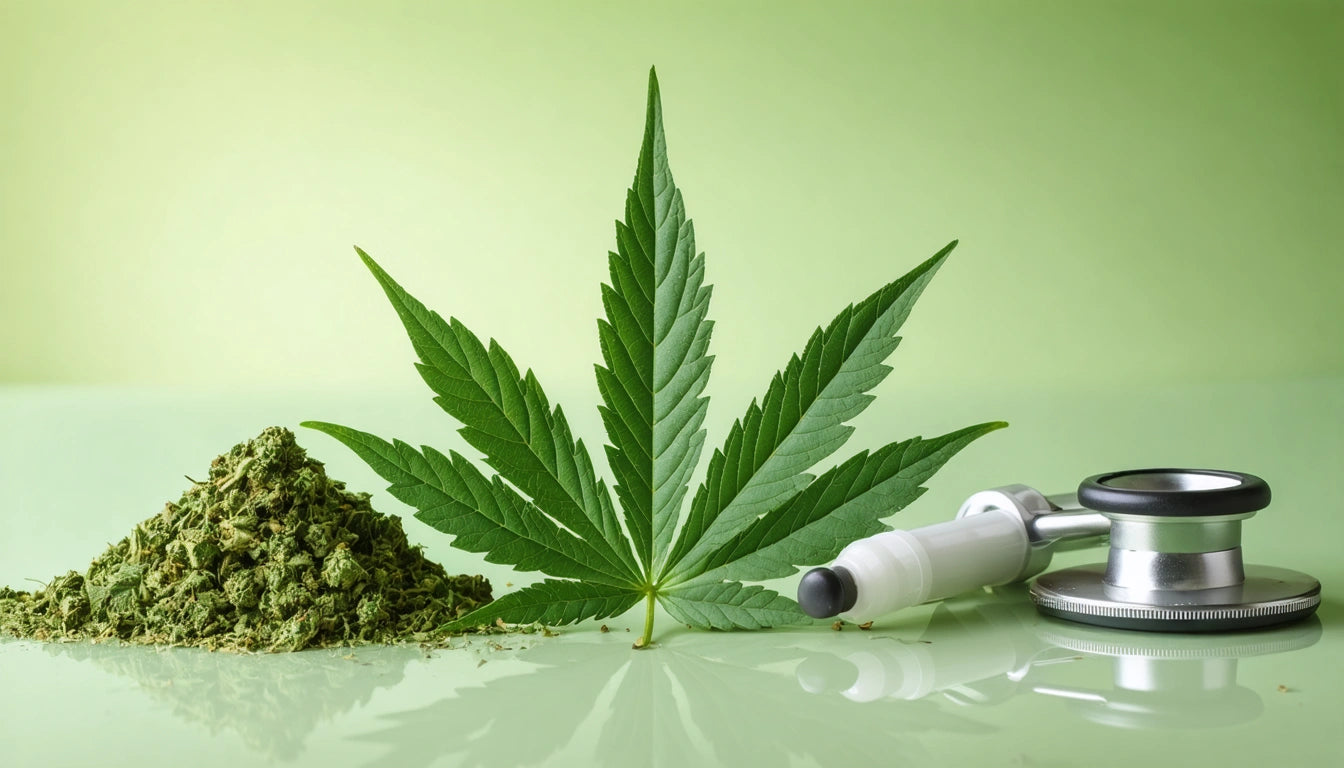 Large green leaf, pile of green plant material, white vape pen, and stethoscope on reflective surface with light green background