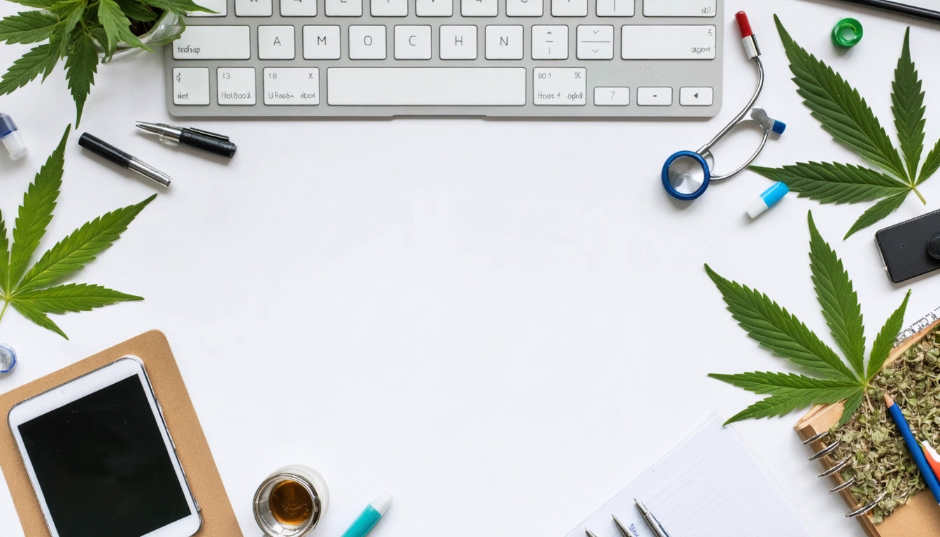 Keyboard at top, cannabis leaves, phone, clipboard, pen, stethoscope, and jar on white surface