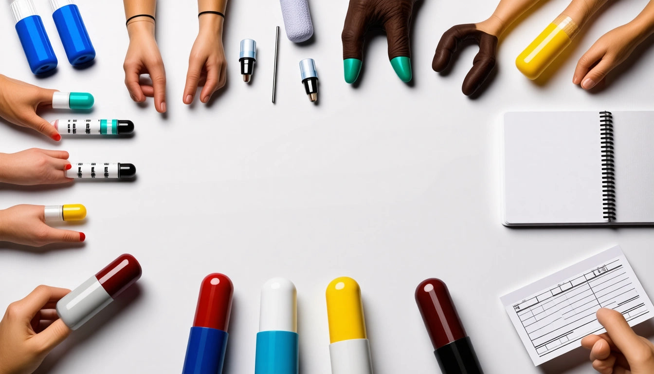 Hands reaching toward various oversized capsules and syringes on a white surface, with a notepad and pen nearby