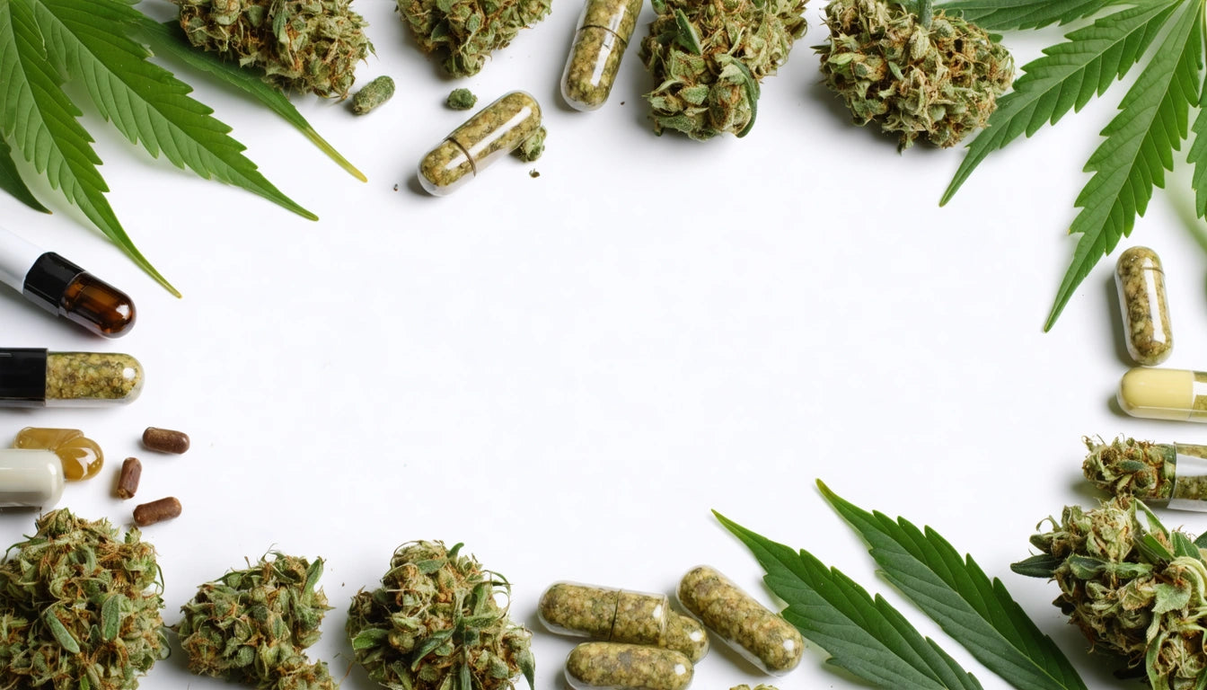 Cannabis buds, capsules, and leaves arranged in a circle on a white background