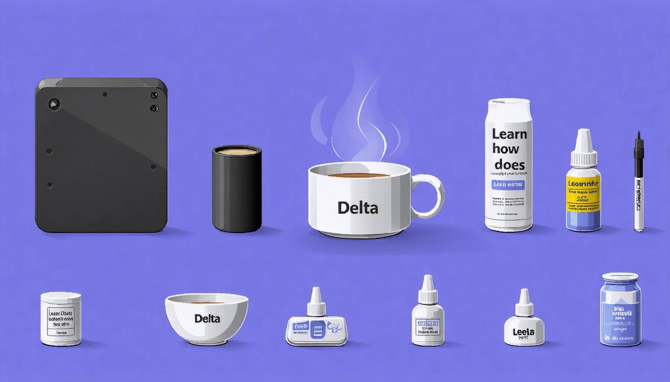 Black square device, black cylinder, steaming white mug, carton, white bowl, dropper bottles, pen, and jars on purple background