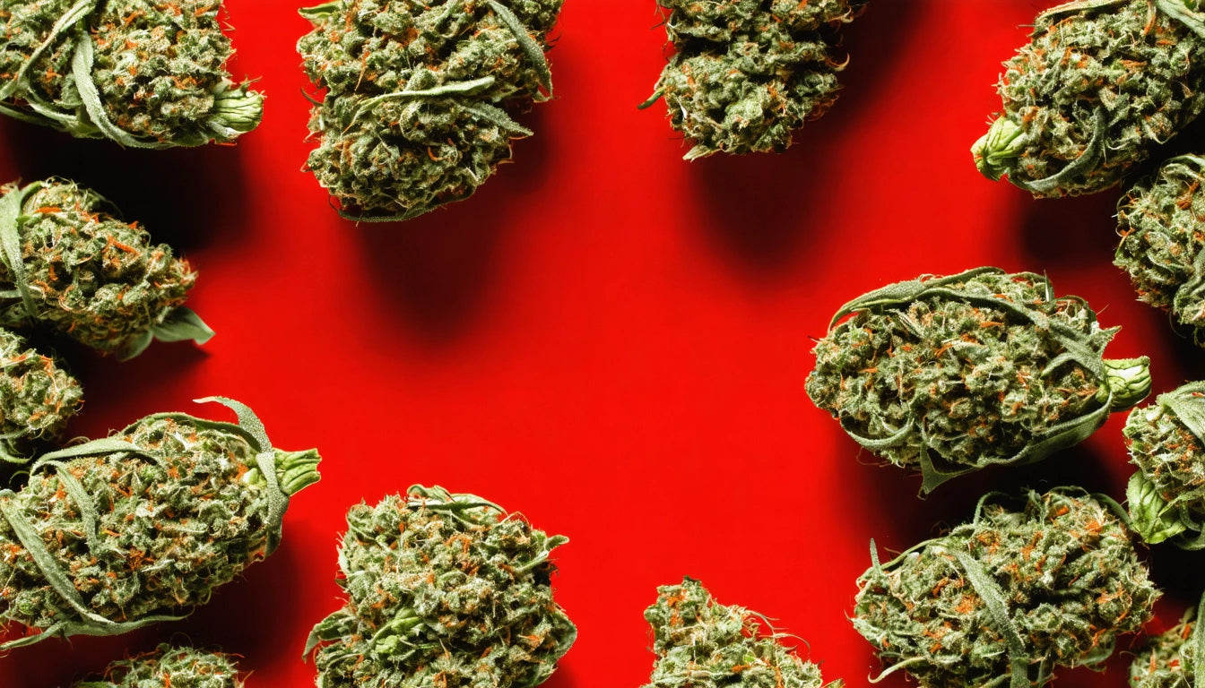 Dried green plant buds arranged in a circle on a bright red background