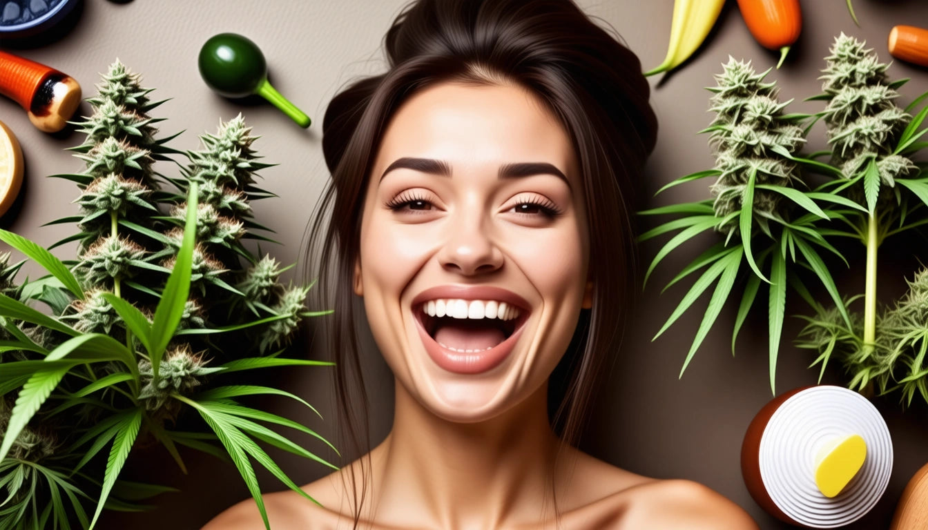 Smiling woman with dark hair surrounded by green plants, peppers, and a sliced boiled egg on a textured surface