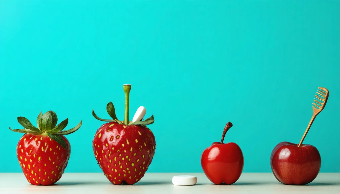 Three strawberries with inserted objects, a pill, and two apples with a comb against a turquoise background