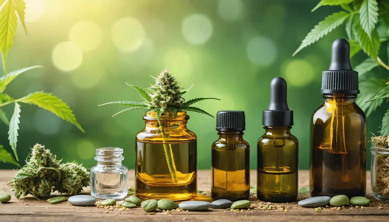 Glass bottles with droppers, cannabis buds, and seeds on wooden surface, green leafy background with bokeh lighting