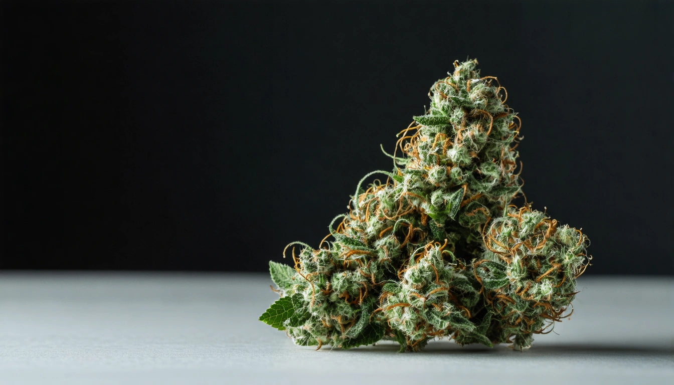 Dense cluster of green and orange buds with textured surface on a gray table, dark background
