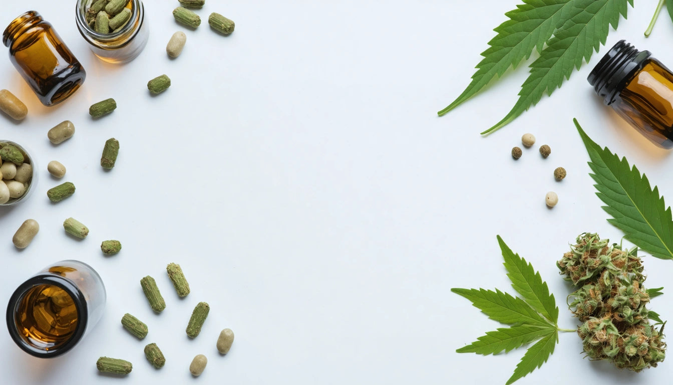 Brown bottles, green and beige pills, cannabis leaves, and buds on white background