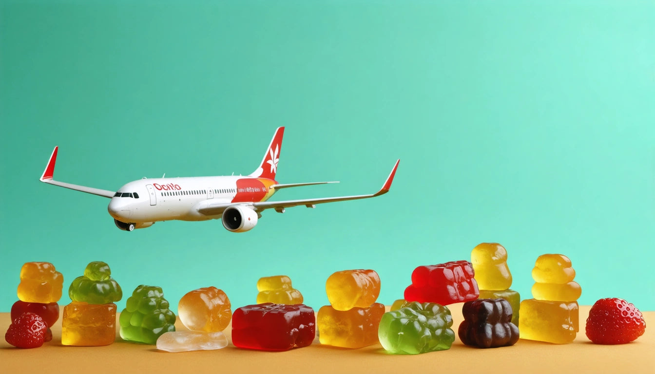 Toy airplane with red accents flying over colorful gummy candies on a turquoise background