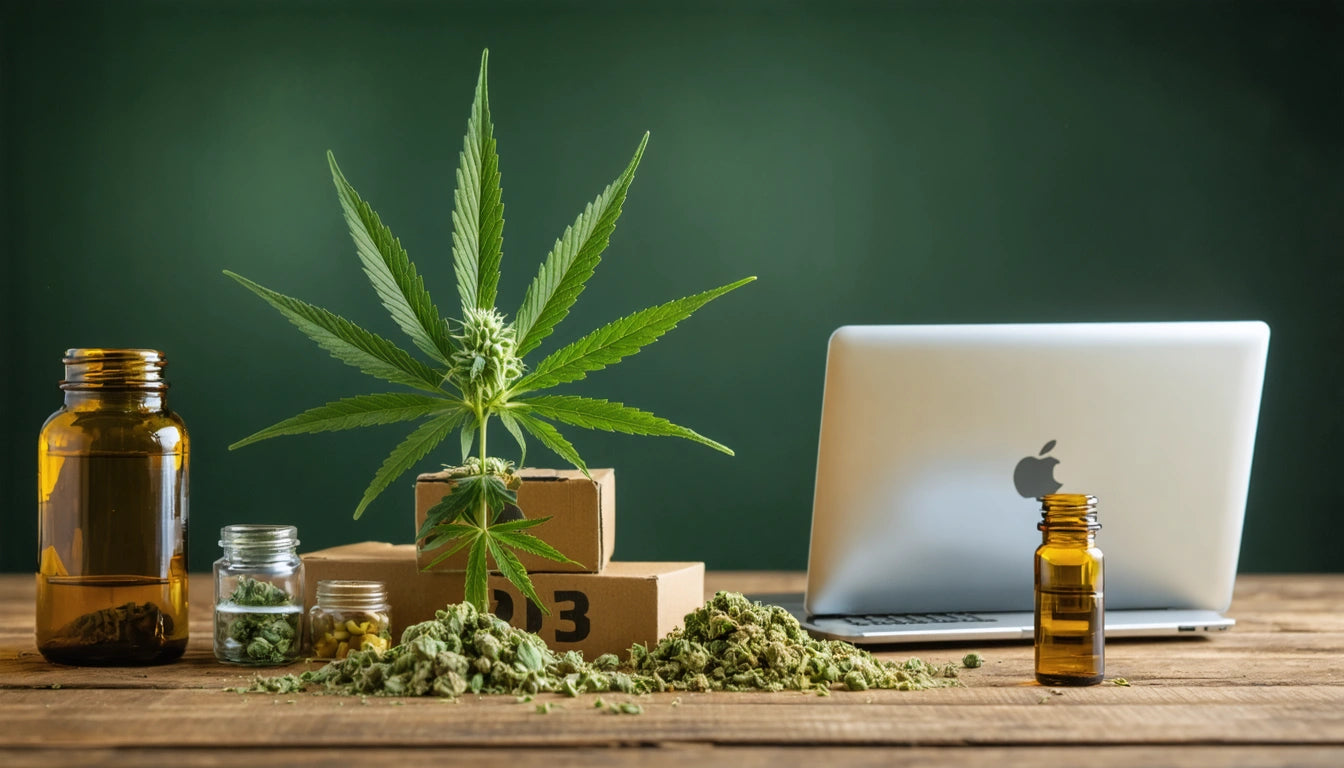 Laptop next to cannabis plant, jars, and cardboard boxes on wooden surface, with green background