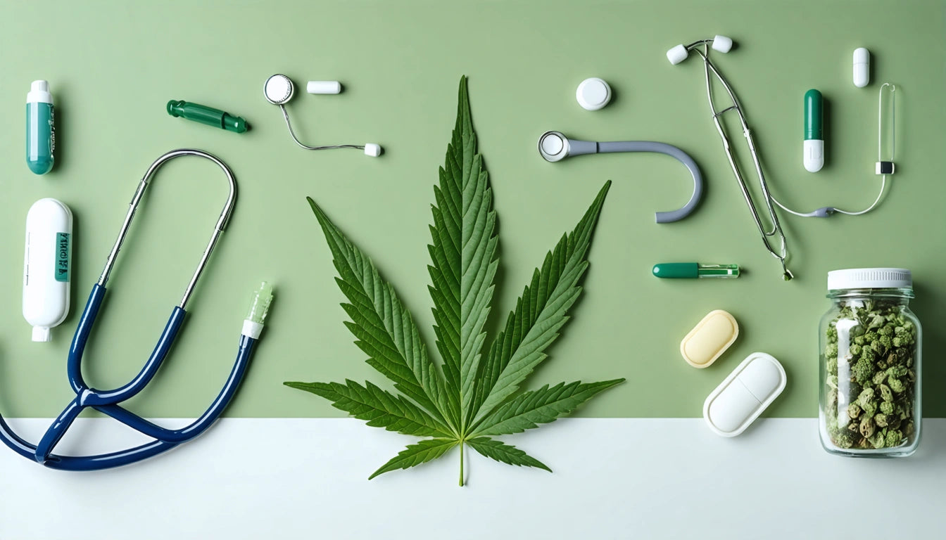 Large green leaf centered on green and white background, surrounded by stethoscope, pills, capsules, and medical tools