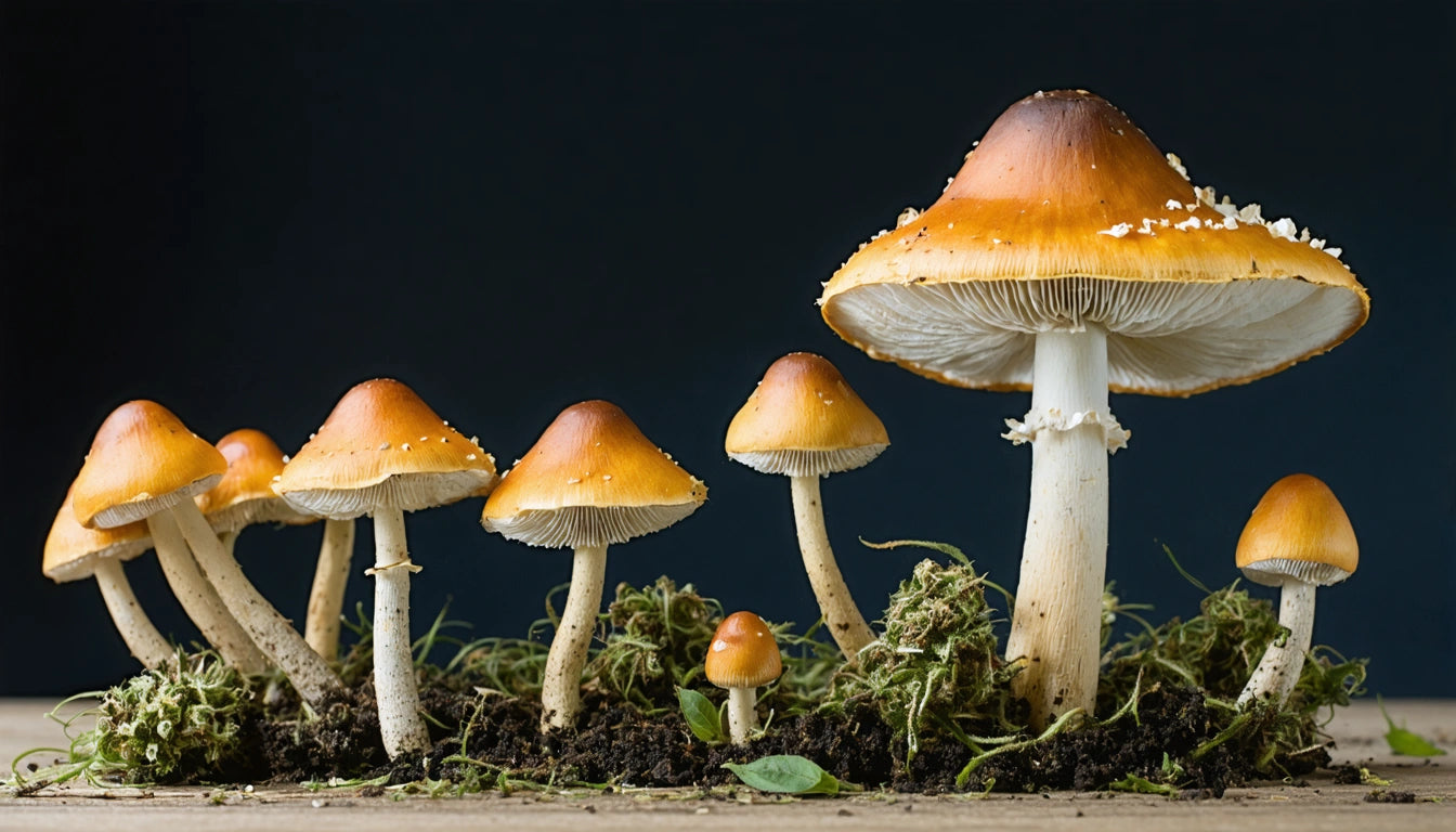 Cluster of orange-capped mushrooms with white stems on mossy soil against a dark background