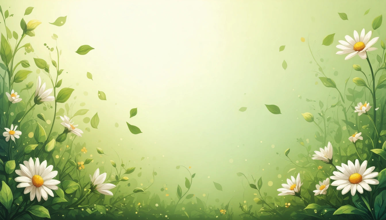 White daisies and green leaves on a soft green gradient background with scattered petals and buds