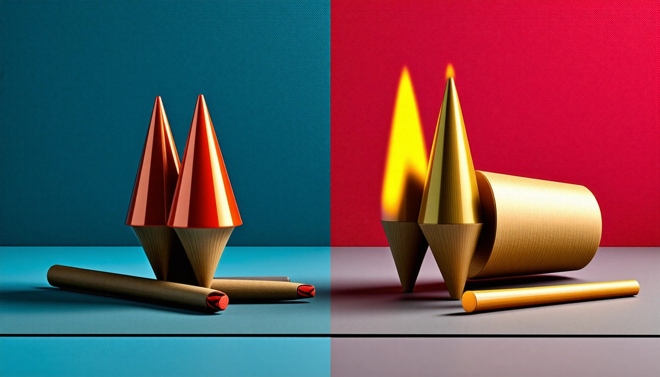 Two panels: left with red cones on blue surface, right with yellow cones and cylinder on red surface, one cone lit with flame