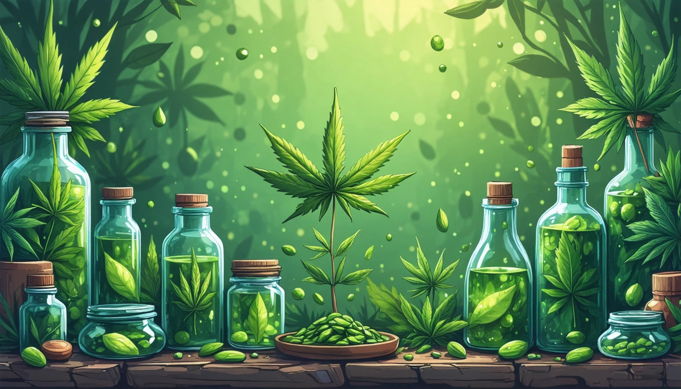 Glass bottles with green liquid and leaves, centered cannabis leaf, wooden surface, lush green foliage background