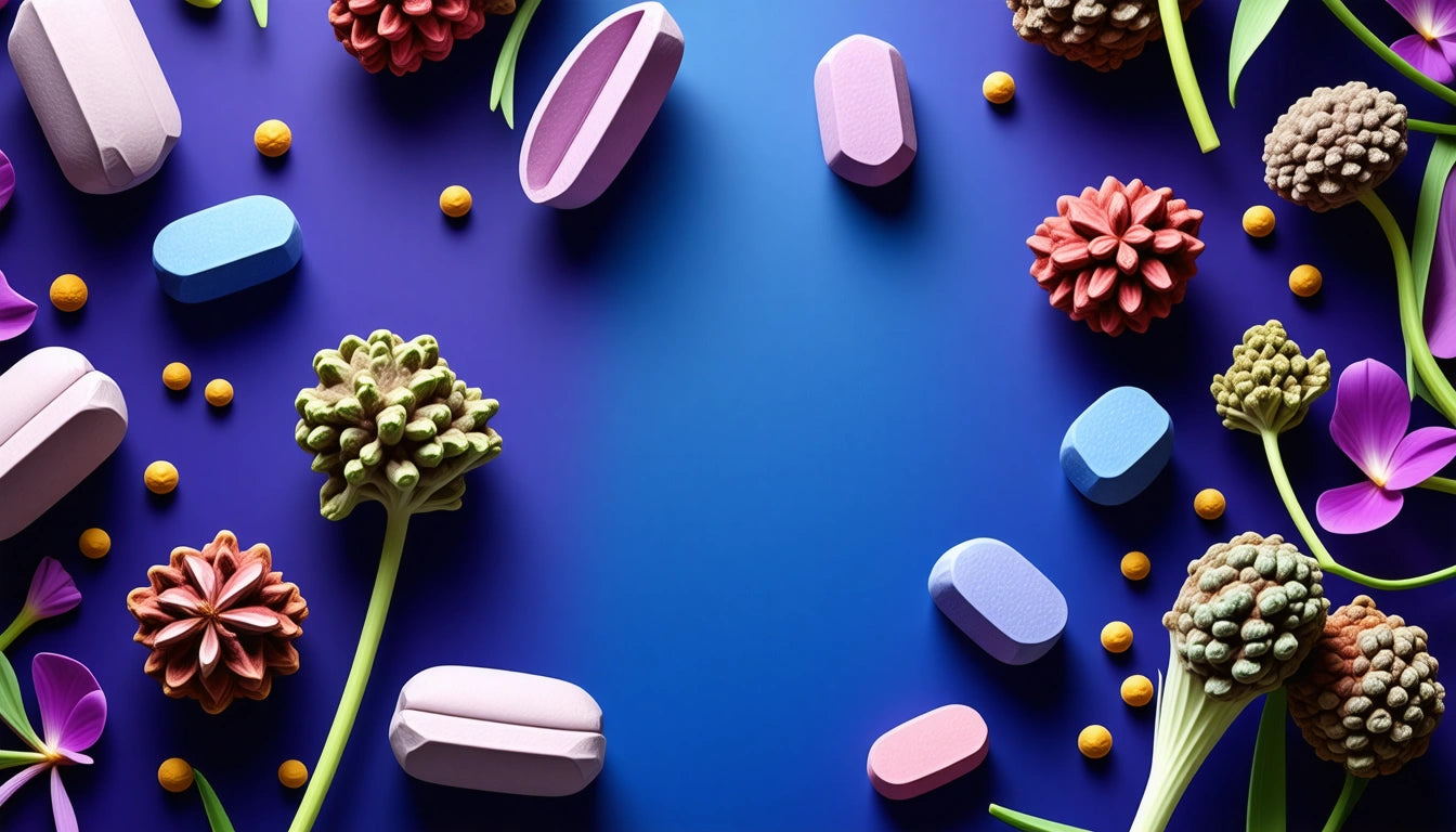 Colorful pills and flower-like objects scattered on a blue background, with green stems and purple petals