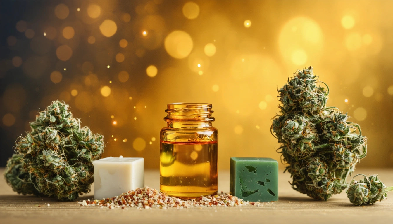 Amber glass bottle, green soap, candle, and cannabis buds on wooden surface with warm bokeh lights in background
