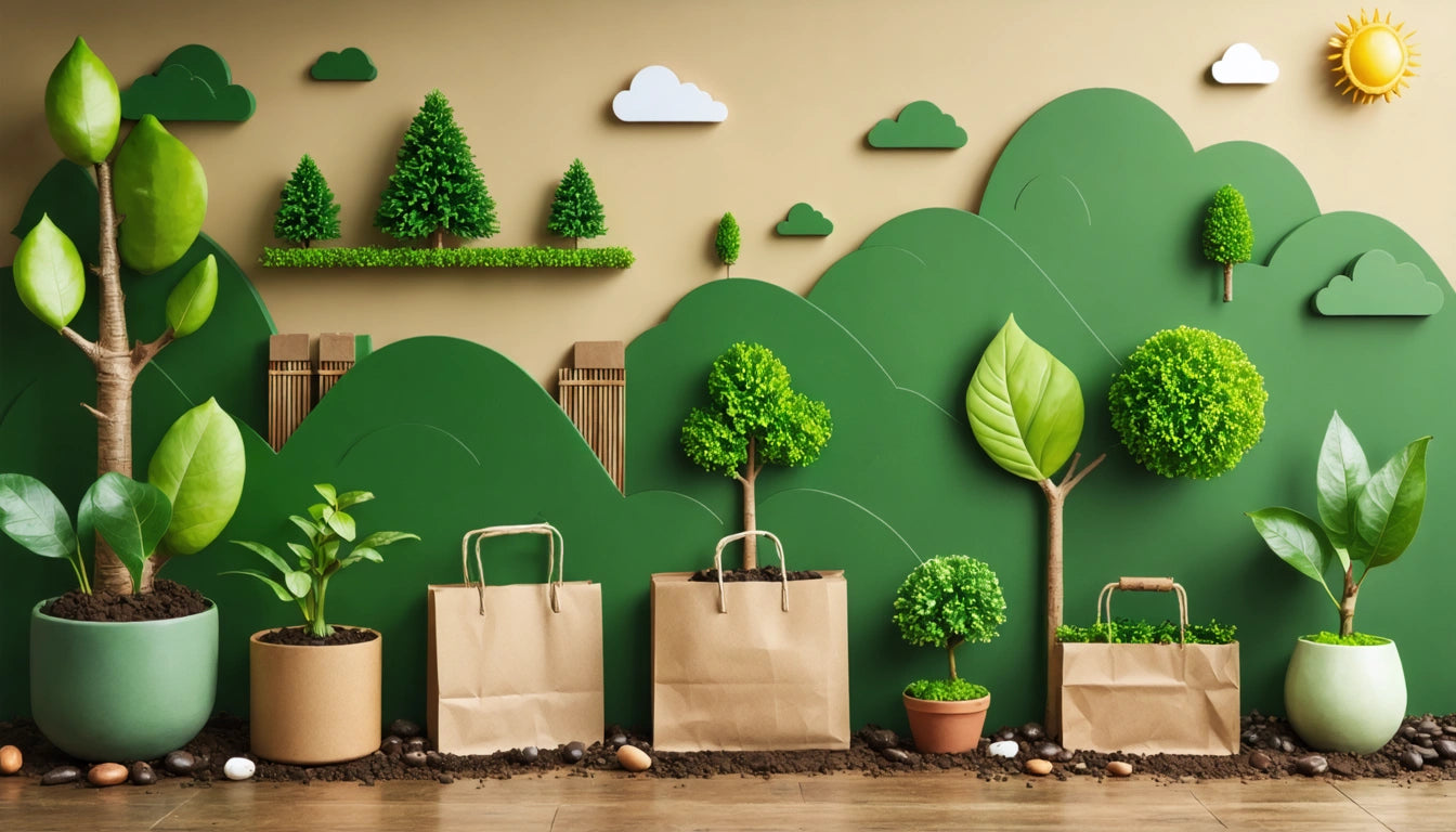 Potted plants and paper bags on wooden floor, green hills and trees on wall, sun and clouds above
