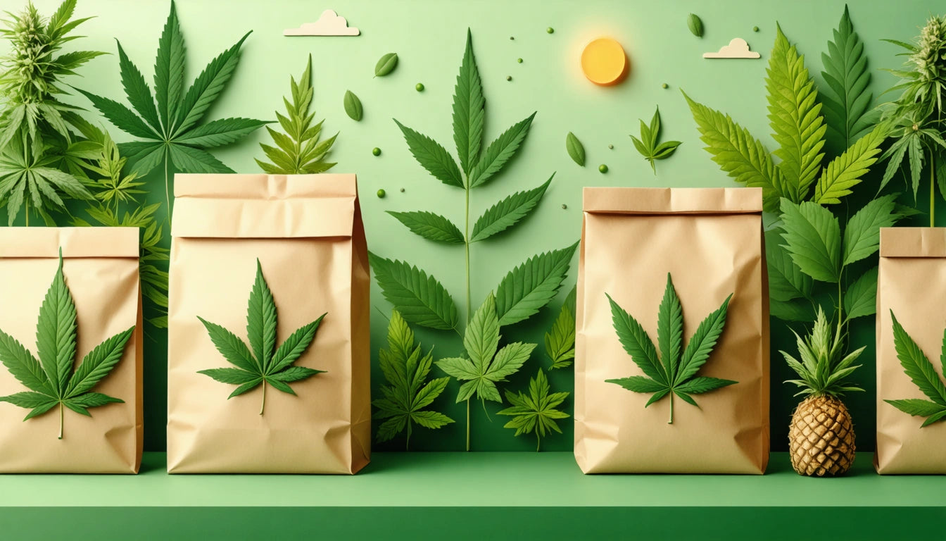 Brown paper bags with green leaf designs, surrounded by various green leaves and a pineapple, on a green background
