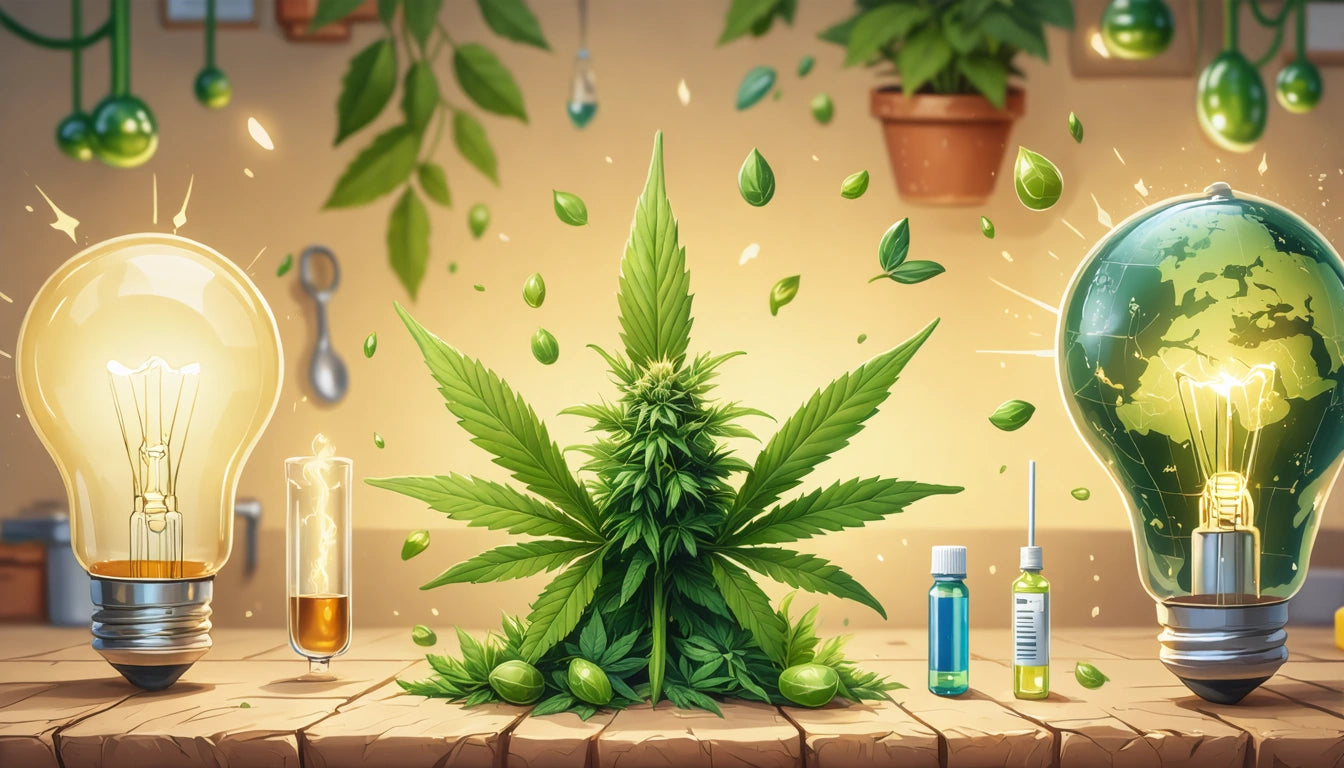 Bright light bulbs flank a large cannabis plant on a wooden table, with green leaves and small bottles nearby