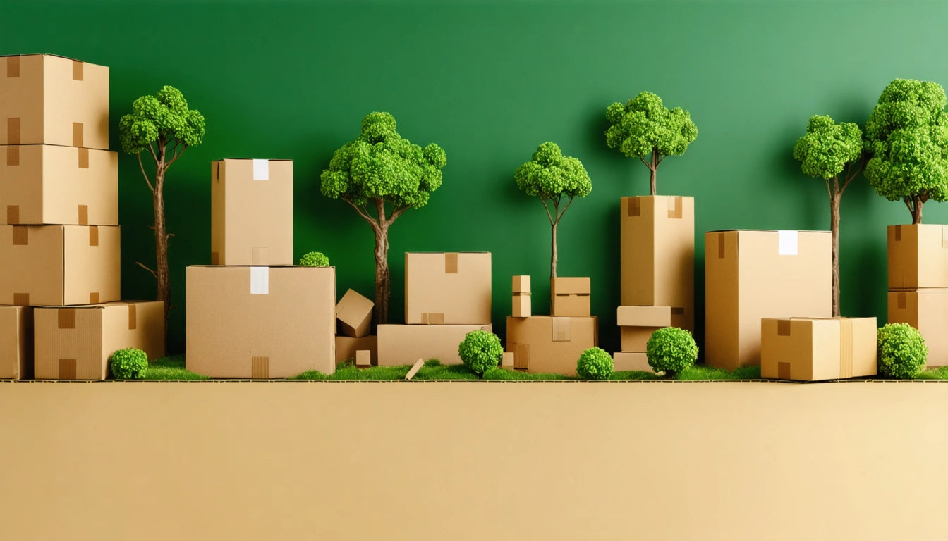 Cardboard boxes of various sizes with green trees and bushes on a green and beige background