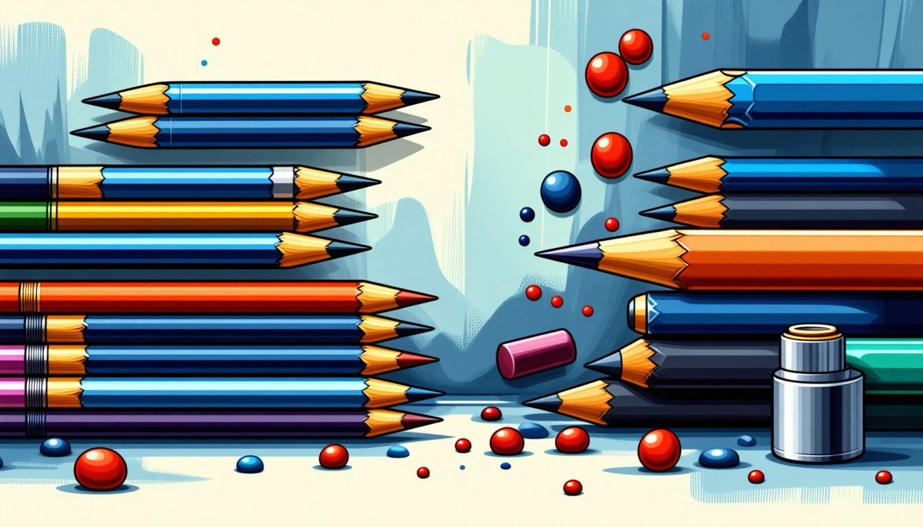 Colorful pencils and scattered red and blue spheres on a light surface, with a small paint tube and eraser nearby