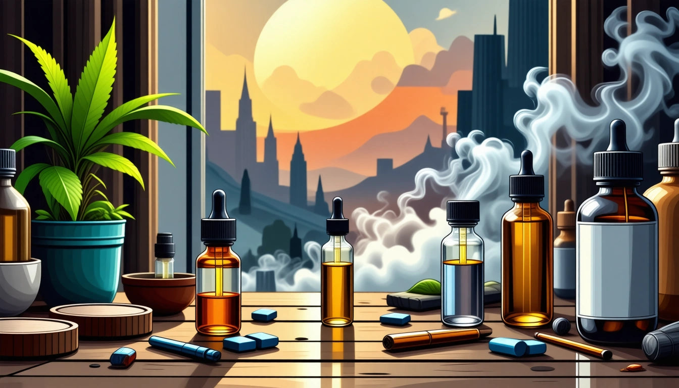 Glass bottles with droppers on wooden table, surrounded by smoke, plants, and scattered capsules, cityscape at sunset in background