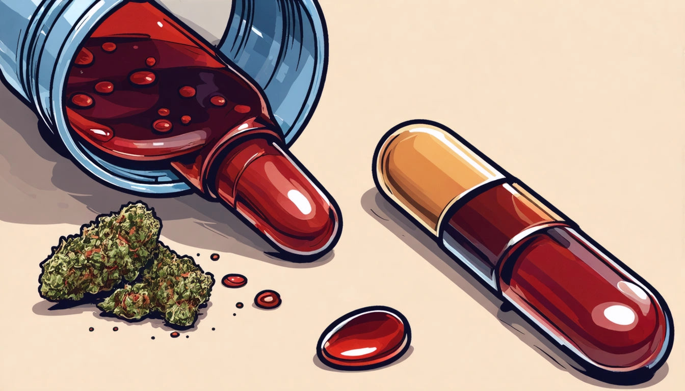 Spilled red liquid from a blue bottle, red and yellow capsule, small green plant, and red droplets on beige surface