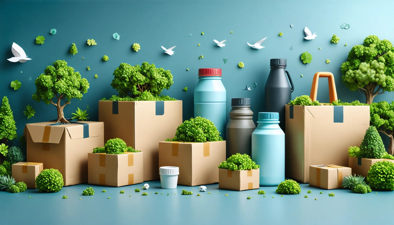 Cardboard boxes and bottles with green plants, small trees, and birds on a blue background