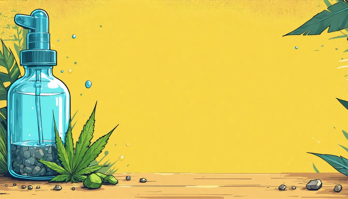 Blue bottle with cork, green leaves, and stones on wooden surface against a yellow background