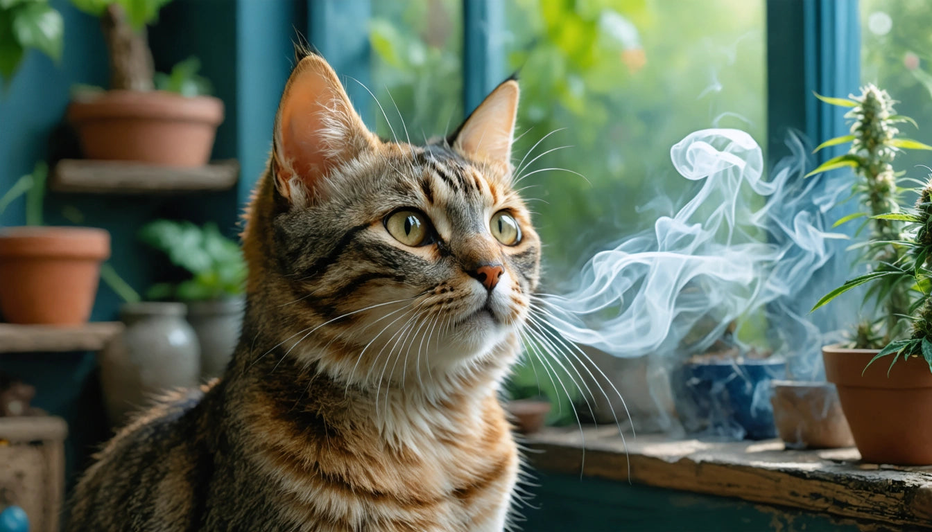 Tabby cat with green eyes sitting by a window, surrounded by potted plants, with sunlight streaming in and smoke swirling nearby