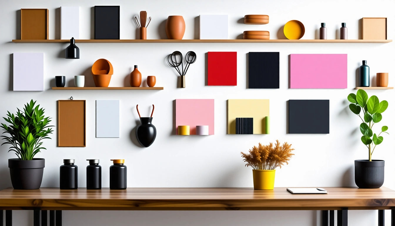 Wooden shelves with colorful square panels, pottery, and kitchen utensils on a white wall above a wooden table with plants