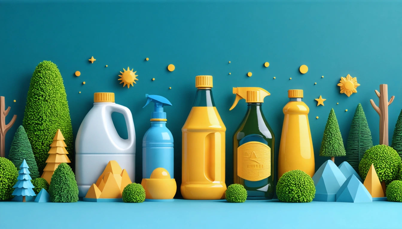 Colorful bottles with spray and screw caps on a blue surface, surrounded by miniature trees and geometric shapes