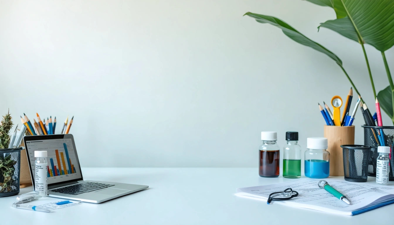 Laptop with colorful charts on screen, test tubes, papers, glasses, and potted plants on a white desk