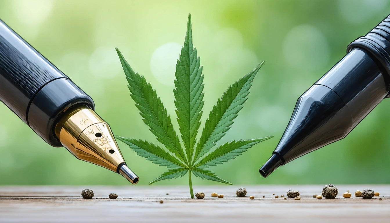 Two pen tips facing each other with a cannabis leaf between them, on a wooden surface with scattered seeds